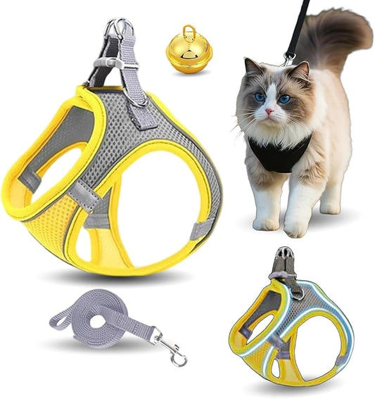Stimulicat Cat Harness, Stimuli Cat Harness Design for Outdoor Cats, Adjustable Soft Mesh Vest Harness Escape Proof with Reflective Safety Strips, Allowing Cats to Safe (Yellow, XXS)