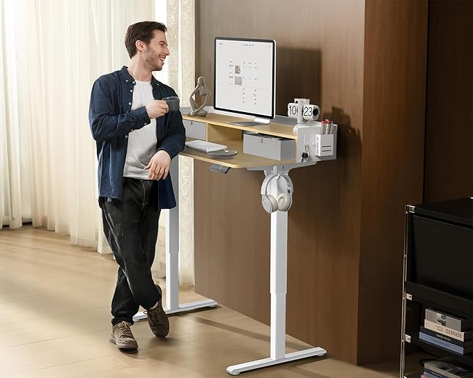 48x24 Inches Electric Standing Desk with 2 Drawers, Height Adjustable Stand up Desk for Home Office, Ergonomic Sit to Stand Table with Storage Shelf, DIY Board, Hooks, Oak