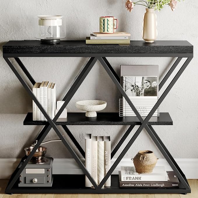 Garvee 3-Tier Entryway Table, Industrial Console Sofa Table with Storage, Accent Table with Open Shelves, X-Shaped Metal Frame, Foyer Table for Entryway, Hallway, Black