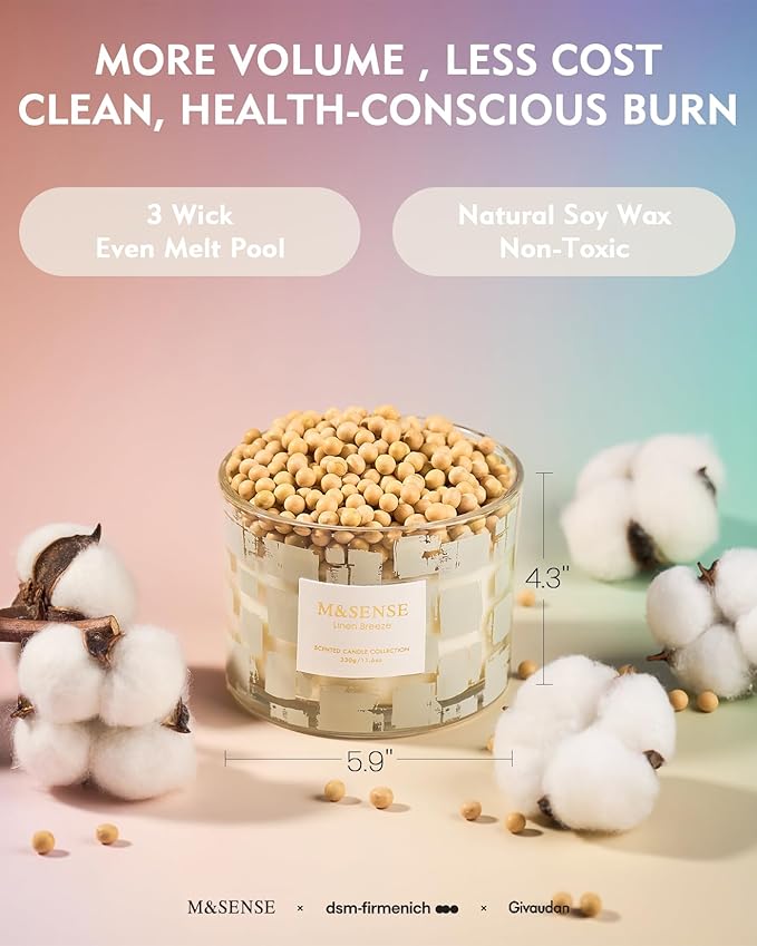 M&SENSE Linen Breeze, 3 Wick Scented Candle,11.6oz Natural Soy Wax Non Toxic for Home, Up to 60 Hours Burn time, Jar Candle Long Lasting,Fall Decorations for Home