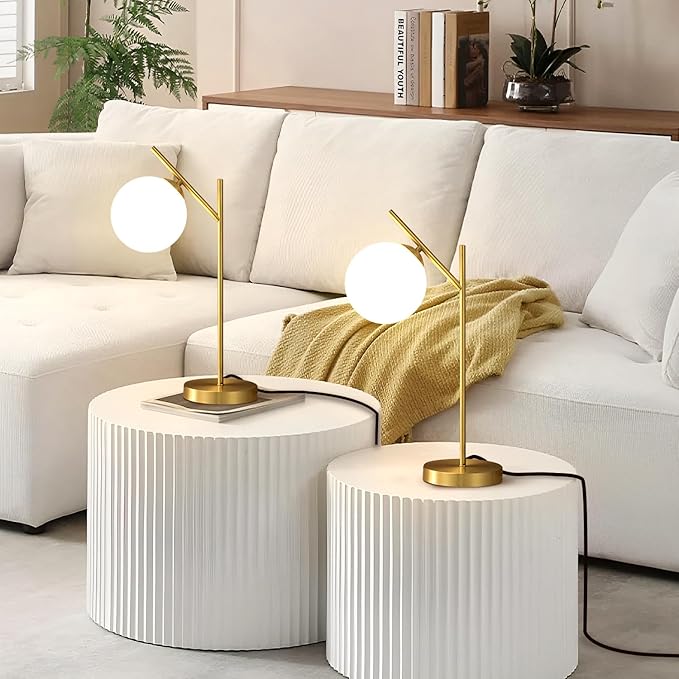 Globe Table Lamp Set of 2, Brass Glass Globe Desk Lamp with Milky White Glass Shade, Contemporary Metal Bedside lamp for Bedroom Living Room Study Room