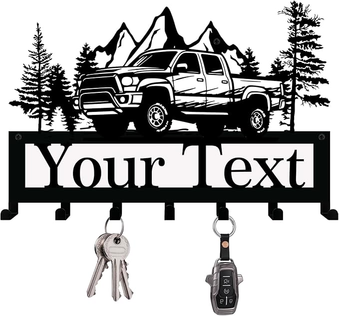 NIWAHO Personalized Family Name Metal Wall Sign with Hooks – Pickup Truck Key Rack Holder Wall Mount Customized Name for Entryway, Mudroom, Garage, or Kitchen Decor