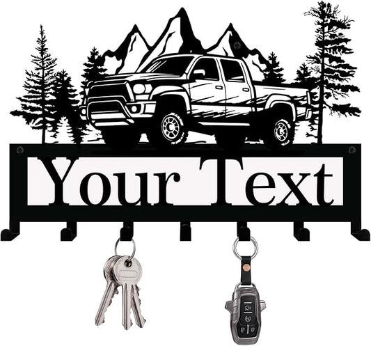NIWAHO Personalized Family Name Metal Wall Sign with Hooks – Pickup Truck Key Rack Holder Wall Mount Customized Name for Entryway, Mudroom, Garage, or Kitchen Decor