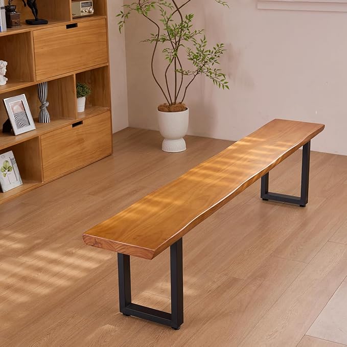 Solid Wood Top Bench with Metal Legs Durable Long Bench for Home Office Living Room Dining Room Versatile Multi Size Options Perfect Chair Stool Dining Chair (Light Brown Bench, 78.74in)