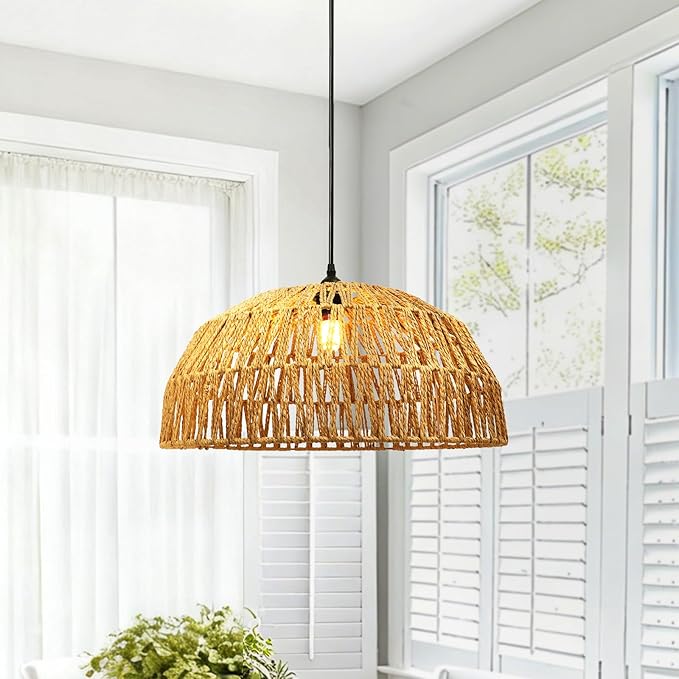 14''Natural Rattan Chandelier Small Rattan Pendant Light -Farmhouse Boho Hanging Light with Included E27 Bulb, 120V Wicker Chandelier for Dining Room Bedroom Living Room Island