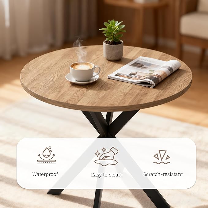 31.5" Round Dining Table and Chairs Set for 2, Small Dining Table Chairs Set Space-Saving, Round Table Set with Upholstered Chairs for Kitchen Dining Room Apartment(Natural + Beige)