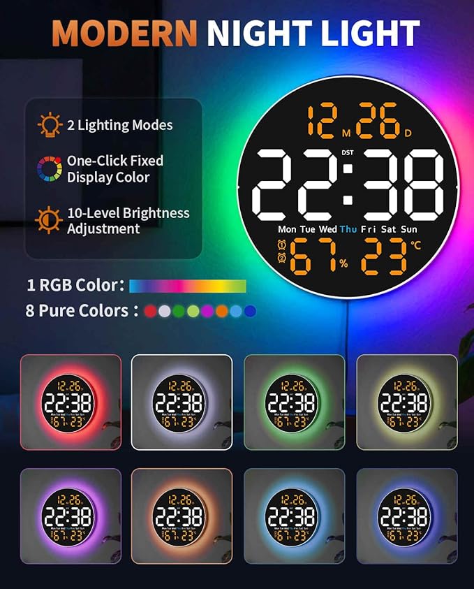 10 Inch Large Digital Wall Clock with 9 Color Changing Remote Control, Date Week Temperature, Auto Brightness Dimmer Big Clock Night Lights,Orange