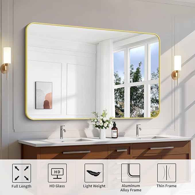 FORBATH 55x36 Inch Gold Bathroom Mirror for Over Sink, Large and Wide Rectangular Wall Mirror with Metal Frame, Rounded Corners for Bathroom, Bedroom, Entryway Decor (Horizontal or Vertical)