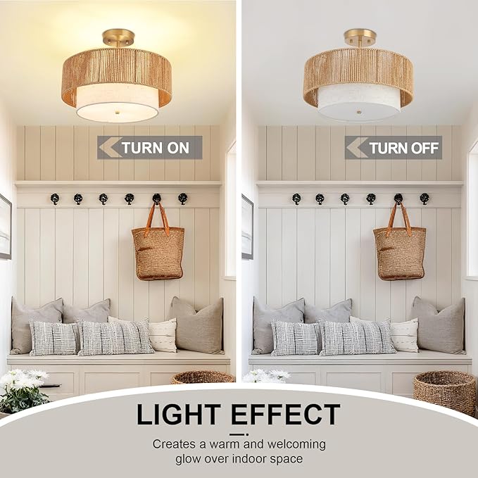 16" Drum Flush Mount Ceiling Light Hallway Light Fixtures with Rattan Shade,3-Light Semi Flush Light Fixture Ceiling Mount for Kitchen, Bedroom, Bathroom, Living Room