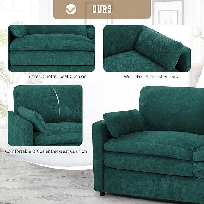 89" Chenille 3 Seats Sofa with 2 Pillows, Modern Upholstered Sofa with Deeper Seats, Comfy Sofa with Thickened Cushions for Living Room, Apartment, Teal