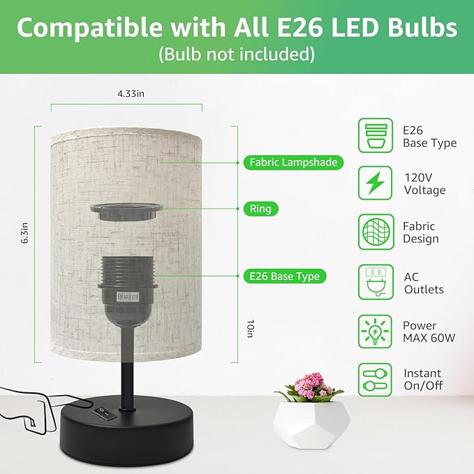 Small Table Lamp, Minimalist with Flaxen Shade, 9 Inch Design for Bedroom & Dorm Room, 2 Pack