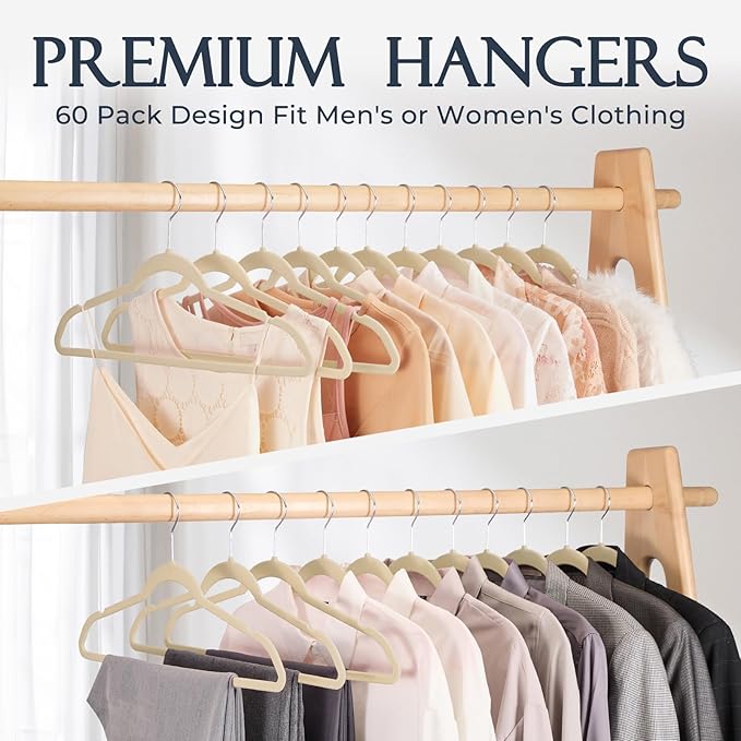 HOUSE DAY Beige Velvet Hangers 40 Pack, Non Slip Clothes Felt Hanger Heavy Duty for Coat, Premium Slim Space Saving Suit Hangers for Closet Organizer, 360° Rotating Silver Hook