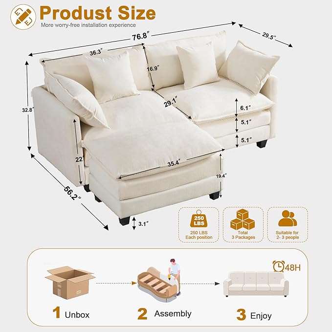 77" Cloud Chenille L-Shaped Sofa with Ottoman | Space-Saving Apartment Couch with 29.1" Deep Seat & Footrest | FSC Certified Solid Wood & Metal Frame | Easy Assembly & 1YR Guarantee