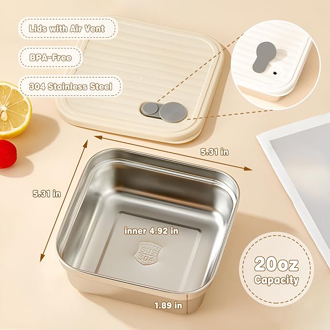 4 Pack Sandwich Containers, 20oz Stainless Steel Sandwich Box with Lids, Reusable Metal Meal Prep Lunch Boxes, BPA-Free, Dishwasher Safe, Food Storage Containers for Snacks & Fruits