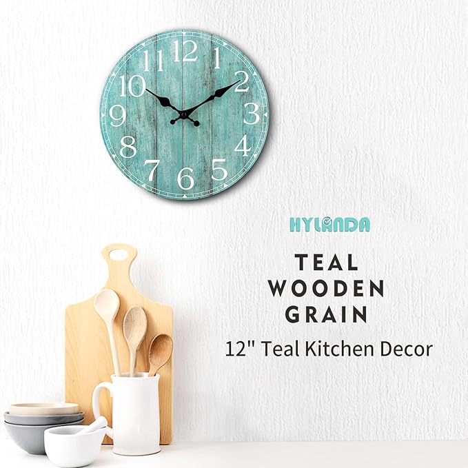 HYLANDA 12 Inch Teal Wall Clock - Silent, Non-Ticking, Battery Operated, Turquoise, Decorative, Unisex