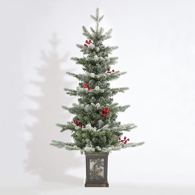 Small 3.5 FT Pre-Lit Christmas Tree with Ligths Snow Flocked Tabletop Christmas Tree with Vintage Snowflake Base for Home Office Xmas Decor, Battery Operated and Timer Function