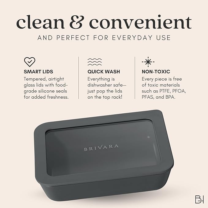 Ceramic Coated Glass Food Storage Container | No PTFE, PFOA, PFAS, and BPA | Reusable Non Toxic Meal Prep Container with Glass Lid | Easy To Store | 2.5 Cup Square [Onyx]