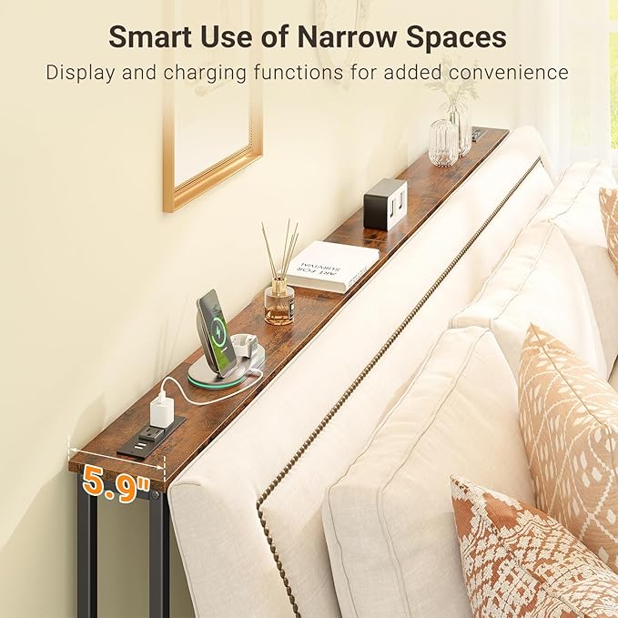 ELYKEN 2 Pack 5.9" Narrow Console Sofa Table with Power Outlets, Total 78.8” Long Behind Couch Table with Charge Station and 5.9’ Extension Cord for Living Room, 5.9"D x 78.8”W x 29.5”H, Rustic Brown
