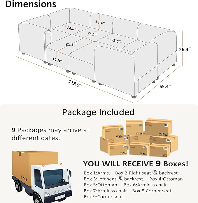 VANOMi Oversized Modular Sectional Sofa, Sleeper Sectional Couches for Living Room, 8 Seats Modular Sofa with Reversible Chaises, Cream White