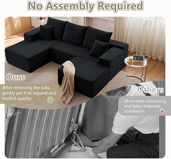 107" L-Shape Sofa with Ottoman, Modern Modular Sectional Comfy U-Shape Cloud Couch, Deep Seat, Upholstered Corduroy Sleeper Chaise Longue for Living Room Bedroom, No Assembly Required, Black