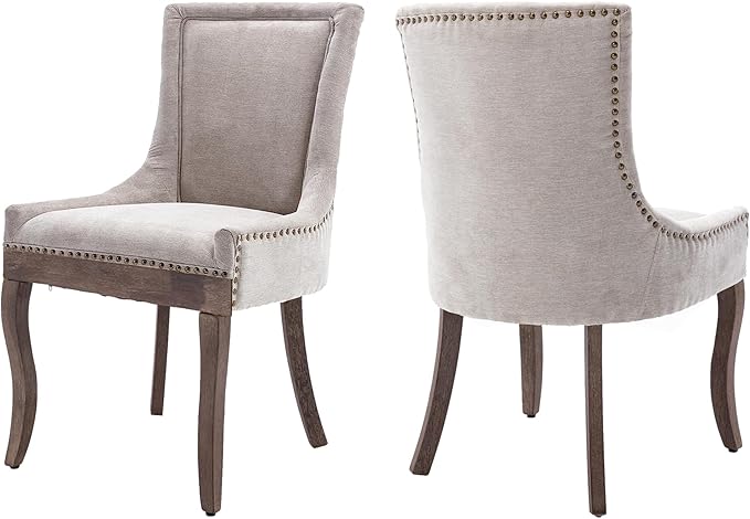 Farmhouse Dining Chairs Set of 2, Upholstered Fabric Dining Room Accent Chairs with Wood Legs & Bronze Nailhead, High Wingback Kitchen Chairs for Living Room Hotel Apartment, Beige