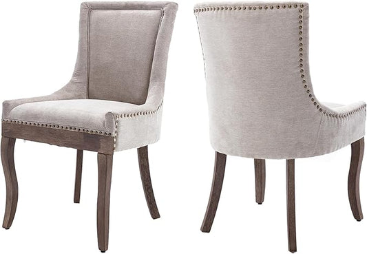 Farmhouse Dining Chairs Set of 2, Upholstered Fabric Dining Room Accent Chairs with Wood Legs & Bronze Nailhead, High Wingback Kitchen Chairs for Living Room Hotel Apartment, Beige