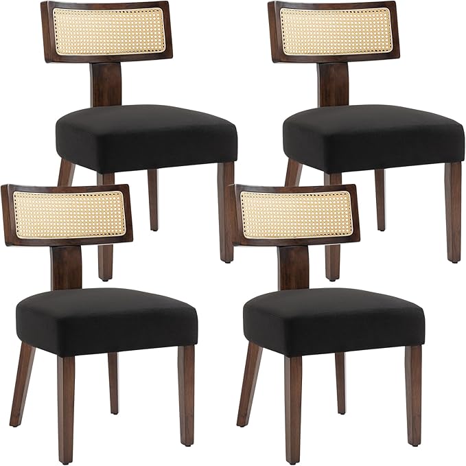 Upholstered Rattan Dining Chairs Set of 4, Mid-Century Modern Fabric Dining Room Chairs with Brown Hardwood Frame, Curved Backrest Kitchen Armless Accent Chairs for Living Room (Black)
