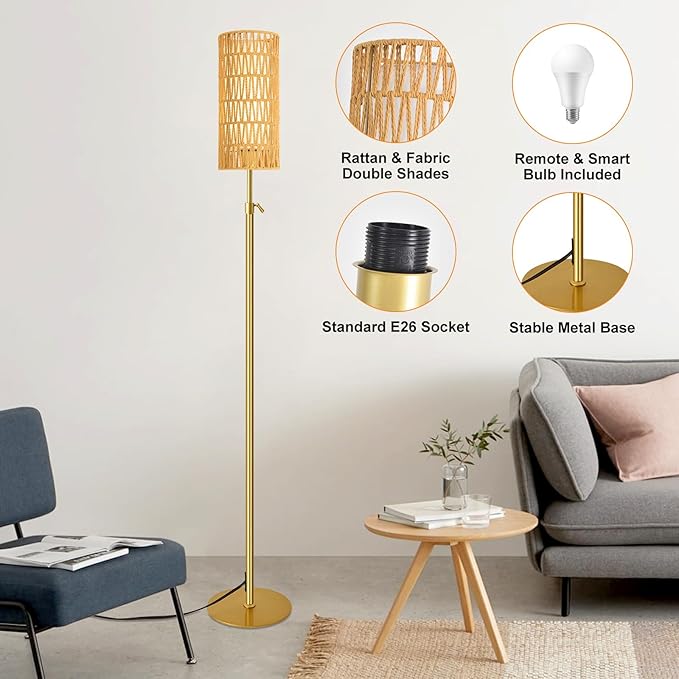 Gold Floor Lamps for Living Room Boho Rattan Floor Lamp with Remote Control & 3 Color Temperature Vintage Wicker Standing Lamp Dimmable Tall Floor Lamp for Bedroom Living Room Corner