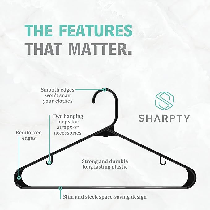 Sharpty Plastic Hangers Clothes Hangers for Clothing, Closet, Coats & Shirts - Durable, Thick, Tough & Space Saving - for Everyday Standard Use, Room Essentials & Basics - 60 Pack - Black