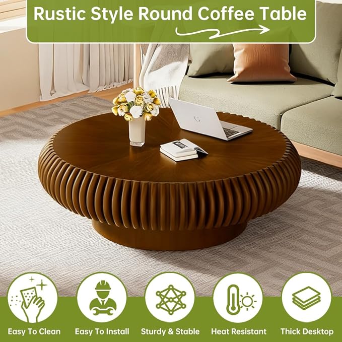 Brown Round Coffee Table for Living Room Round Fluted Drum Coffee Table Modern Walnut Fluted Coffee Tables for Living Room (Walnut, 39.3 inch)