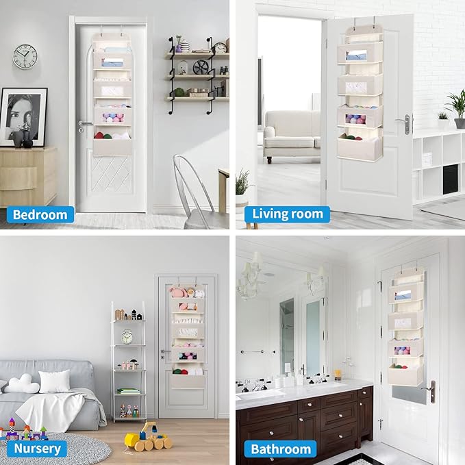 MAX Houser 4-Shelf Over The Door Hanging Organizer with 2 Metal Hooks, 4 Pocket Swing-Proof Behind Door Organizers with Clear Windows for Nursery Bathroom Closet,Dorm,Baby Diapers, Kids Toys (Beige)