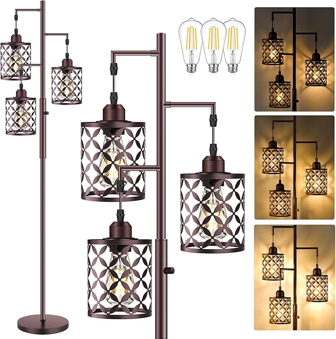 【Upgraded】72" Tall Dimmable Floor Lamp, Farmhouse Standing Lamp with Elegant Metal Cages, Industrial Tree Floor Lamps for Living Room, Bedroom, Study Room, Office (3 x 800LM LED Bulbs Included) -Brown