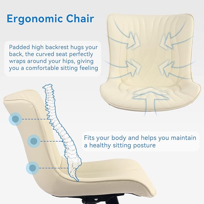 YOUNIKE Office Chair, Armless Desk Chair with Wheels, Adjustable Swivel Home Office Computer Task Chairs, Modern Faux Leather Padded Vanity Chair with Back, Beige