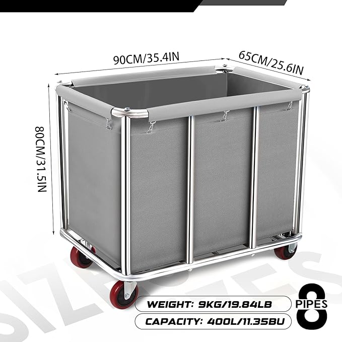 Commercial Laundry Cart on Wheels, 11.35 Bushels Large Roller with Removable Waterproof Canvas Lined Basket, Heavy Duty Stainless Steel for Hotels and Hospitals