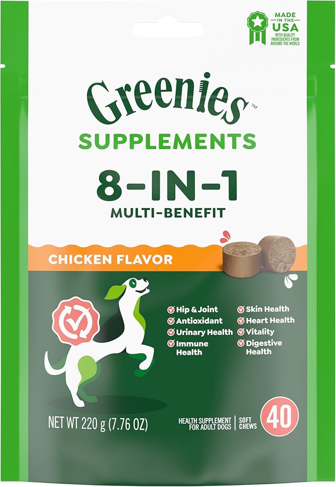 Greenies Dog Supplements 8-in-1 Multi-Benefit Chicken Flavor, 7.76 oz. Pouch, 40 Count