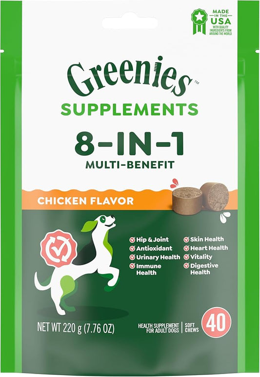 Greenies Dog Supplements 8-in-1 Multi-Benefit Chicken Flavor, 7.76 oz. Pouch, 40 Count