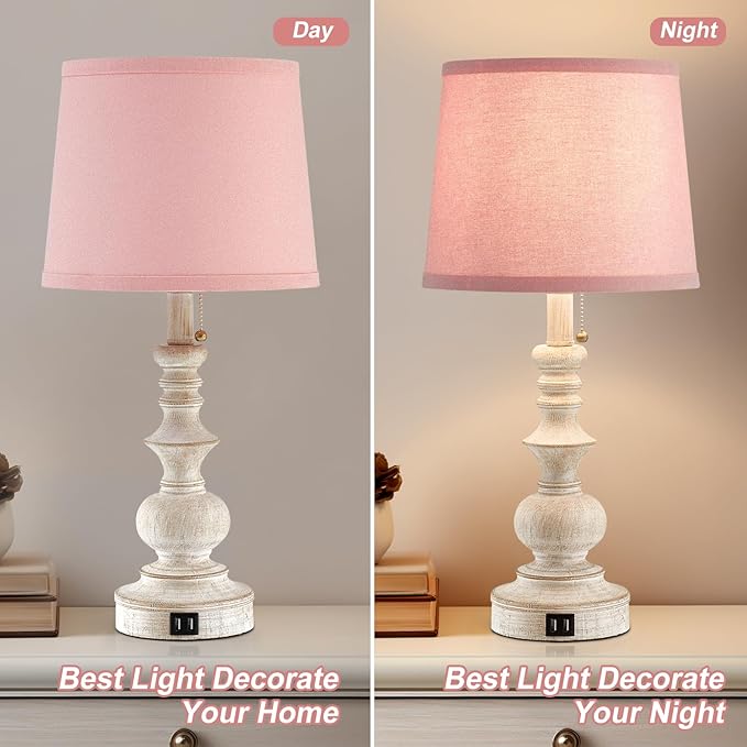 22'' Bedside Table Lamps Set of 2 Modern Farmhouse Nightstand Lamps for Bedroom with USB Charging Ports Vintage Boho Table Lamps for Girls Kids Living Room,Pink Shade,Bulbs Not Included