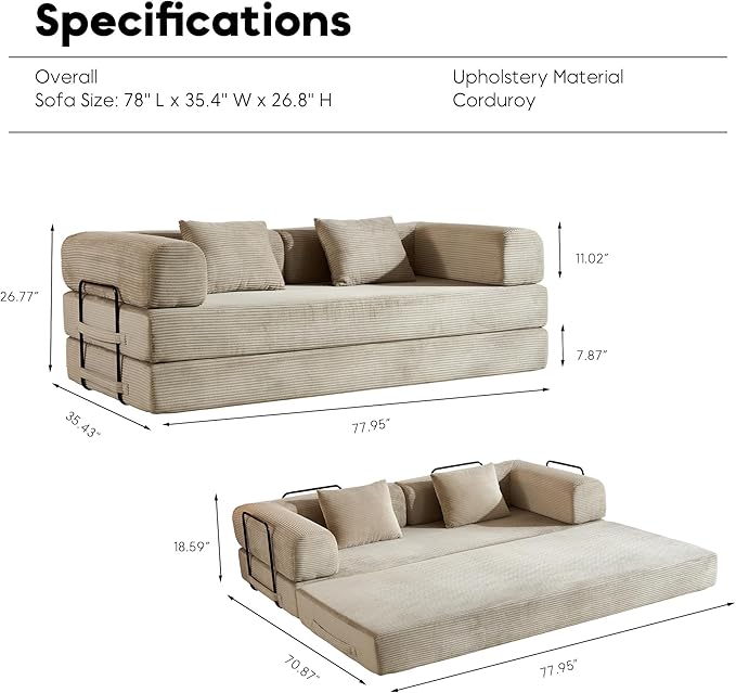 Corduroy Floor Sofa Bed, Convertible Folding Couch Bed with Fixed-Shape Frame and Armrest for Living Room Bedroom Lounge Studio-Beige