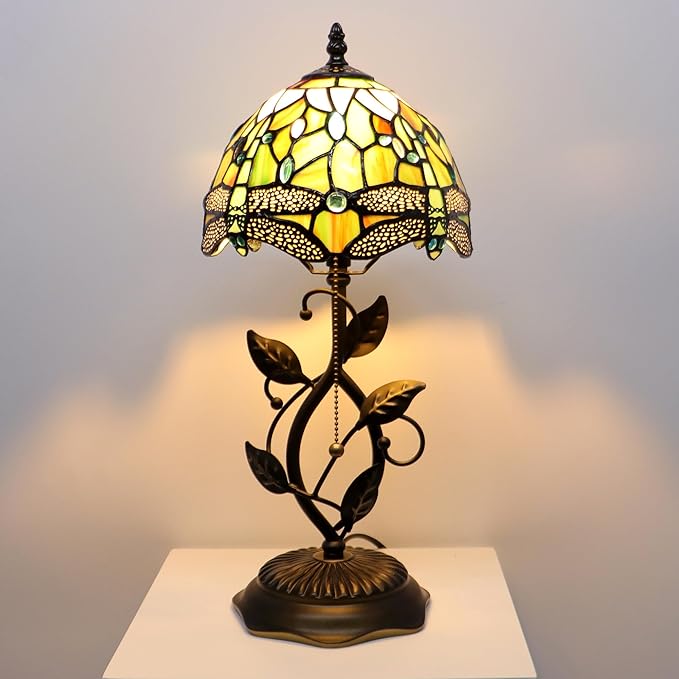 Small Tiffany Lamp Yellow White Dragonfly Style Stained Glass Table Lamps Desk Bedside Reading Light 8X8X18 Inches with Bronze Metal Leaf Resin Base