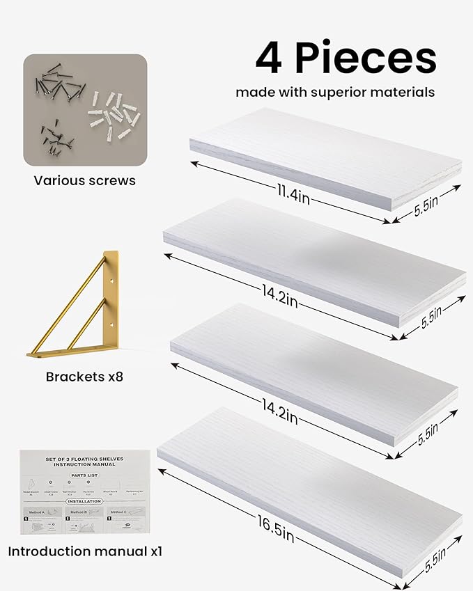 BAYKA Wall Shelves for Bedroom Decor, Floating Wall Shelf for Living Room Kitchen Storage, Mounted Rustic Wood Shelves for Kids Books, Christmas Decorations for Room(White and Gold，Set of 4)