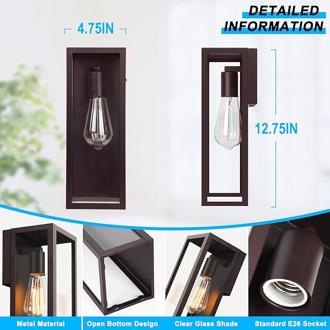 2-Pack Outdoor Wall Lanterns, 13'' Exterior Waterproof Wall Sconce with Clear Glass Shades, Oil Rubbed Bronze Porch Lights, Anti-Rust E26 Outdoor Lights for Outside Patio Garage Front Door House