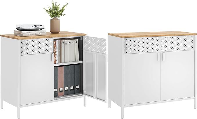 SONGMICS Set of 2 Storage Cabinets, Metal Cabinet, Sideboard with 2 Doors, 15.7 x 31.5 x 29.9 Inches, Magnetic Closure, Adjustable Shelf, Steel Frame, Natural Beige and White ULSC791W01