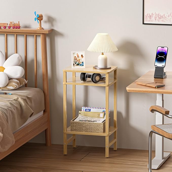28in Tall Bamboo Side Table 3-Tier Small Narrow End Table, Skinny Nightstand for Small Space, Farmhouse Slim Night Stand with Storage for Couch, Wooden Thin Bedside Table, Natural