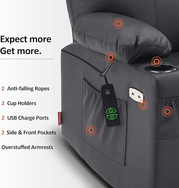 MCombo Large Power Lift Recliner Chair with Massage and Heat for Tall Elderly People, 3 Positions, Cup Holders, and USB Ports, Faux Leather 7516 (Large, Black)