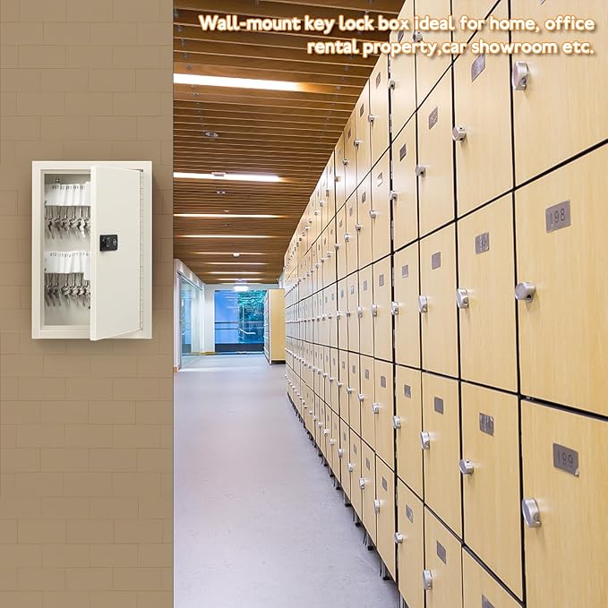 KYODOLED Key Storage Lock Box with Code, Locking Key Cabinet, 40 Key Holder Wall Mount with Combination Lock, Hooks & Tags Labels for Home, Office, Business, 2.5" D x 8.1" W x 12.1" H, White