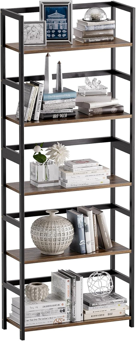 5-Tier Bookshelf, Industrial Bookcase with Bamboo Frame, Modern Display Standing Shelf Unit, Tall Wood Storage Organizer for Living Room, Home Office, Rustic Brown
