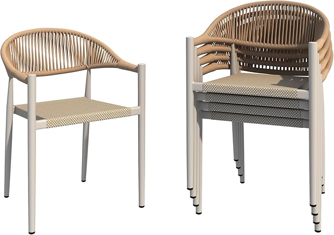 French Bistro Chair Set of 4, Outdoor Hand-Woven Wicker Patio Dining Chair with Aluminum Frame, Stackable Outdoor Chair for Garden Yard Poolside