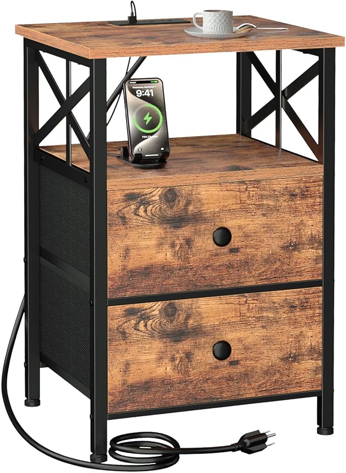 AMHANCIBLE End Table Living Room with Charging Station, Side Table with Fabric Drawer, Small Side Table with USB Ports and Outlets for Small Spaces Rustic Brown and Black HET05XBR1