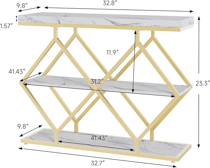 Garvee 3-Tier Entryway Table, Industrial Console Sofa Table with Storage, Accent Table with Open Shelves, Diamond-Shaped Metal Frame, Foyer Table for Entryway, Hallway, White