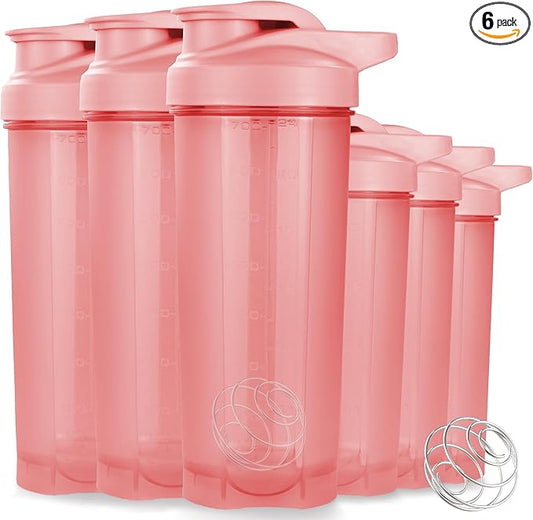 ShakerZoo-6 Pack-Protein Shaker Bottles for Protein Mixes, Shaker Cups for Protein Shakes, 3 pcs 24 ounce and 3 pcs 20 ounce (Pink)